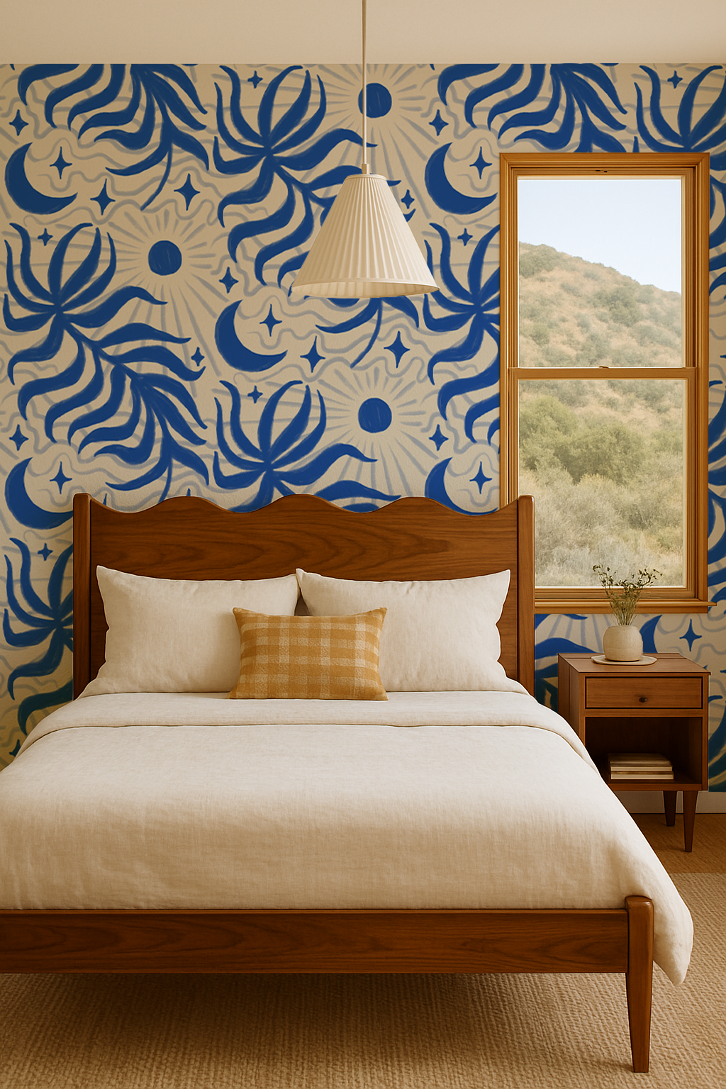 Lunar Leaf Wallpaper, beige & blue - Tampa Home & Garden Store