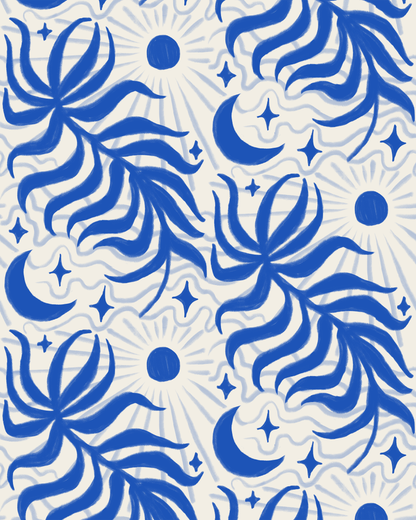 Papel pintado Lunar Leaf, beige y azul