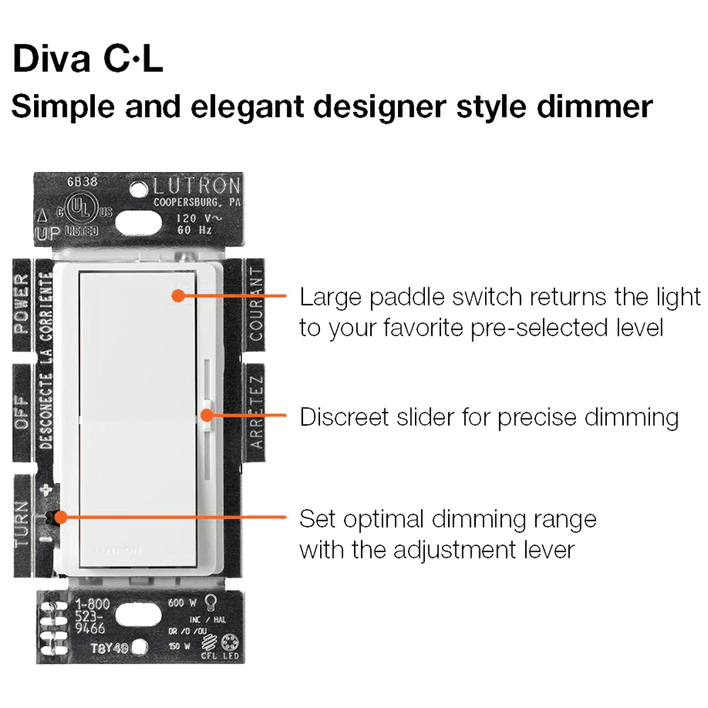 Interruptor regulador de intensidad Lutron Diva CL para bombillas LED, halógenas e incandescentes regulables, unipolar o de 3 vías, color blanco