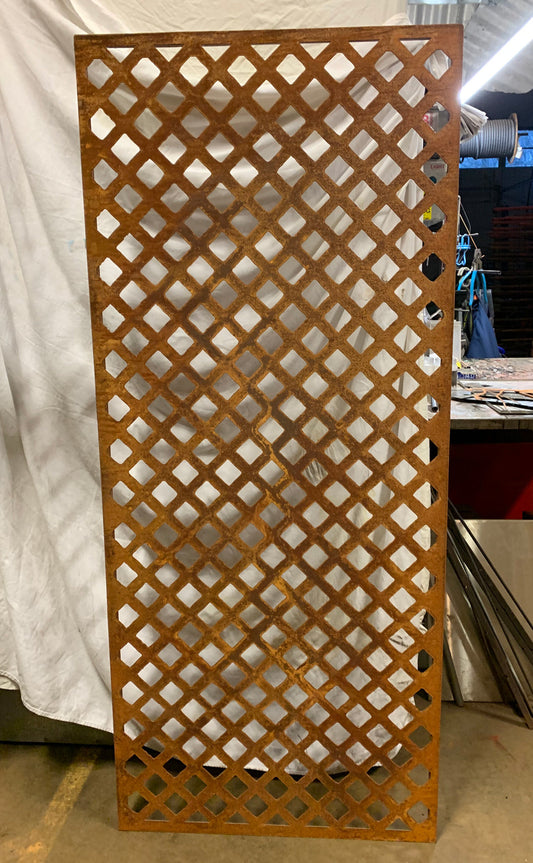 Large rust metal lattice privacy screen 46in tall, Rustica Ornamentals home decor on Tampa Home & Garden Store