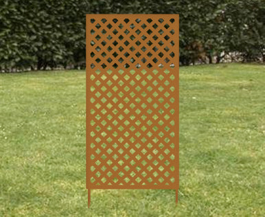 Metal privacy screen in rust color with diamond lattice, freestanding panel 46 inches tall on Tampa Home & Garden Store