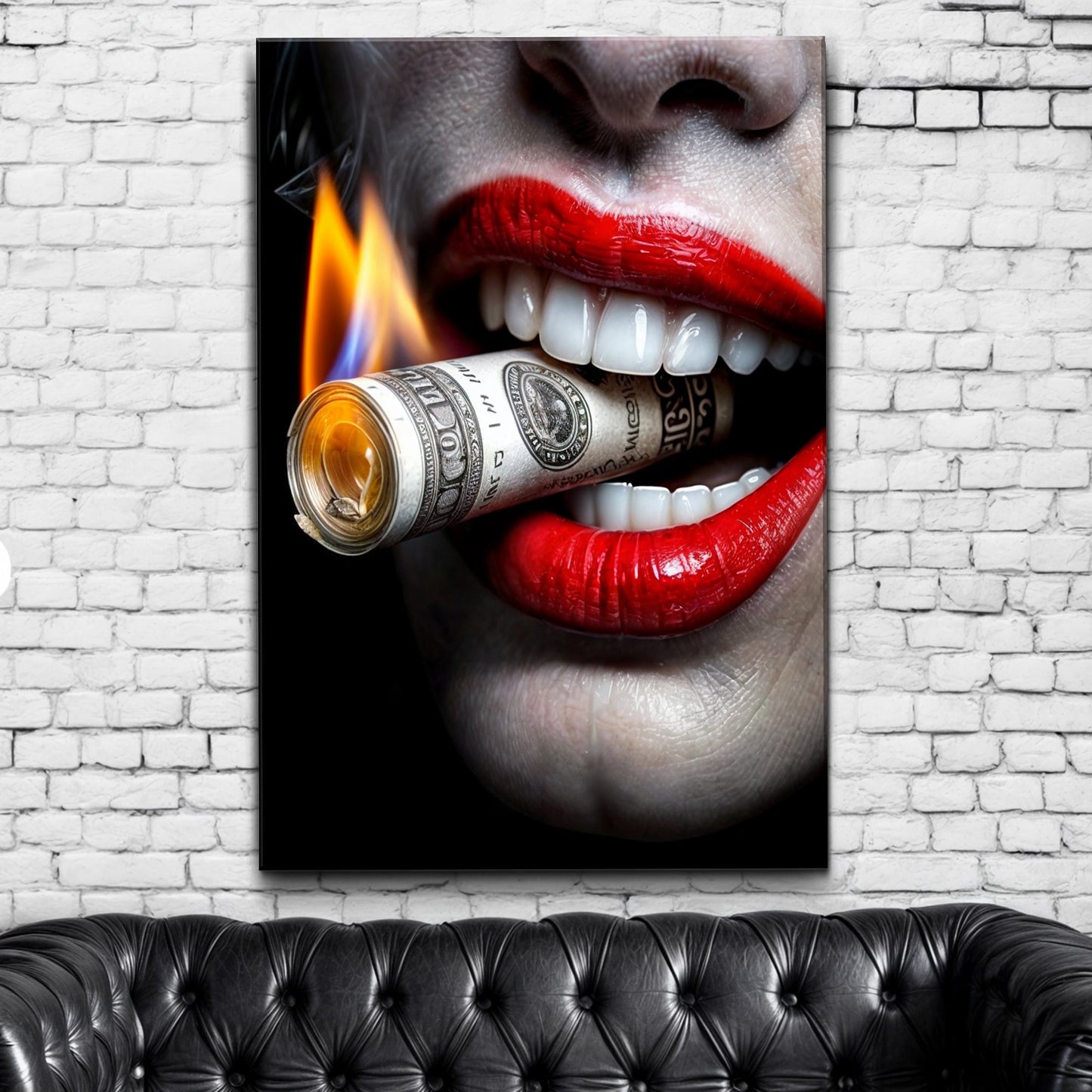 Luxurious Cool Wall Art canvas by Tailored Canvases, red lips bite a burning dollar on Tampa Home & Garden Store