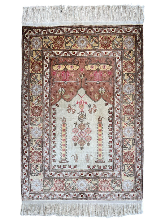 Luxurious Hand-Knotted Pure Silk Turkish Kayseri Rug – Intricate Floral & Geometric Design, 2’2” x 3’ - Tampa Home & Garden Store
