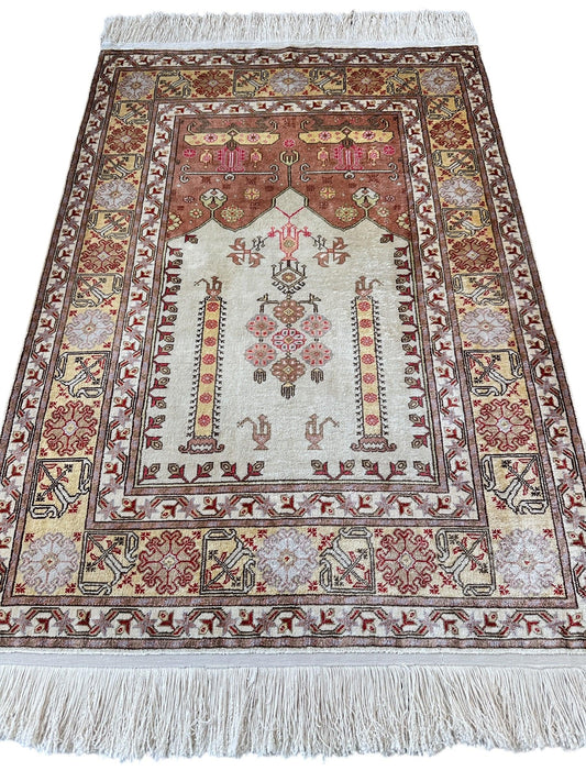 Luxurious Hand-Knotted Pure Silk Turkish Kayseri Rug – Intricate Floral & Geometric Design, 2’2” x 3’ - Tampa Home & Garden Store