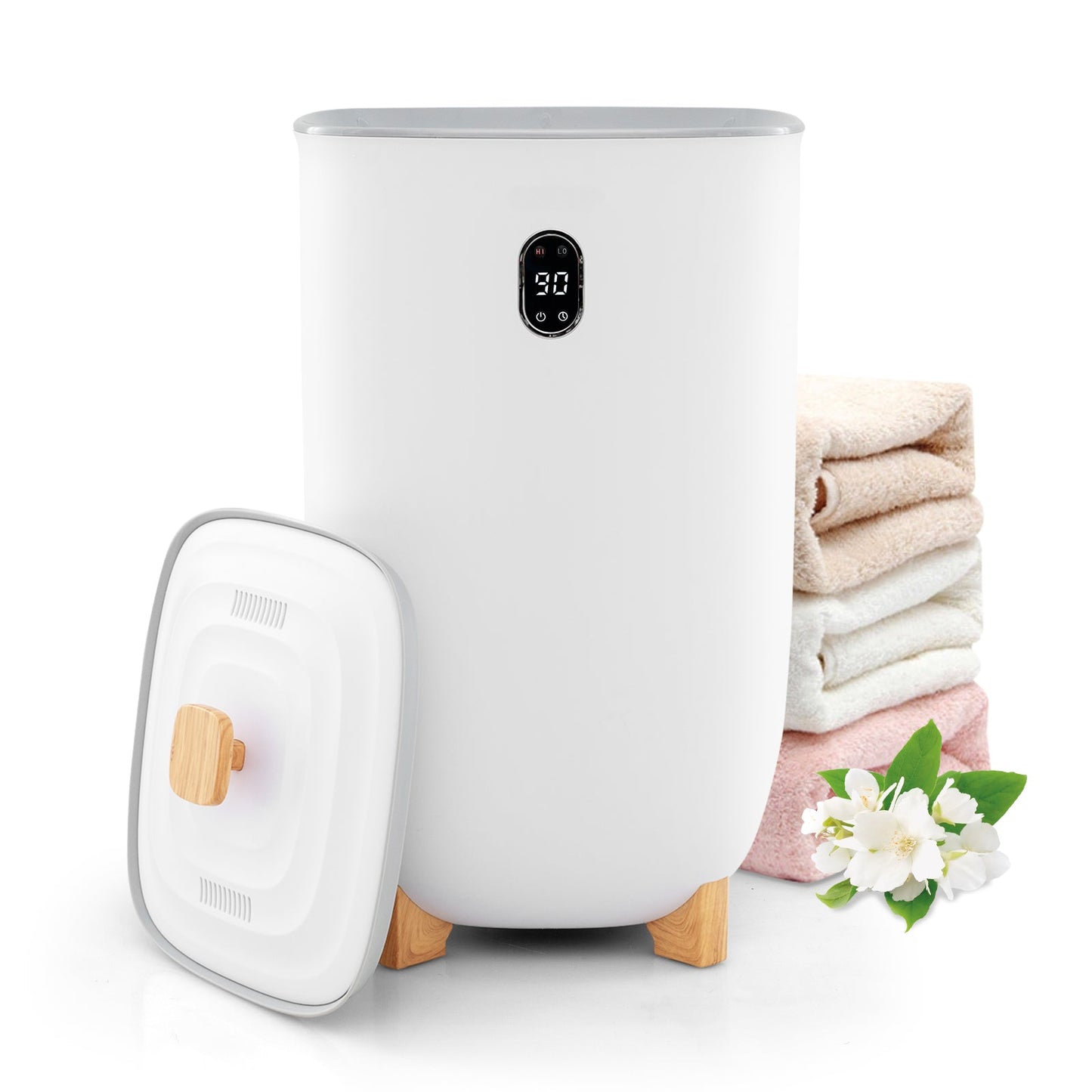 40L towel warmer bucket by DirectDeals white with digital control display, wooden base, towels on Tampa Home & Garden Store