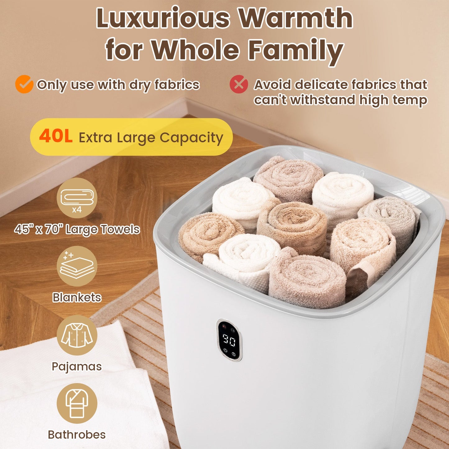 40L towel warmer luxury hot towel bucket white with 2 heat temps DirectDeals towels inside on Tampa Home & Garden Store