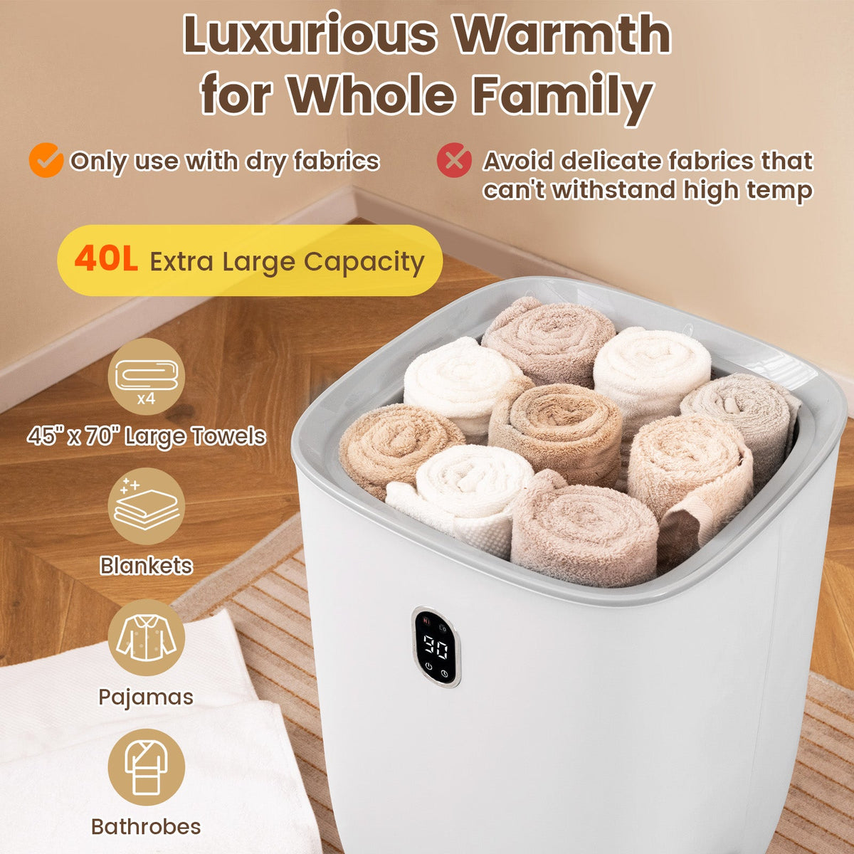 40L towel warmer luxury hot towel bucket white with 2 heat temps DirectDeals towels inside on Tampa Home & Garden Store