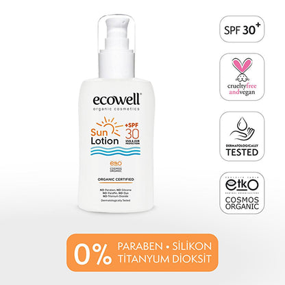 Ecowell Organic Sunscreen Lotion SPF 30 pump bottle with orange label sun icon on Tampa Home & Garden Store
