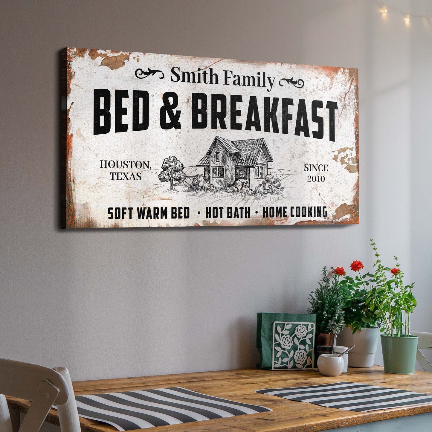 Bed and Breakfast sign canvas by Tailored Canvases in a distressed rustic print on Tampa Home & Garden Store