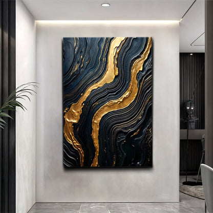 Modern Golden Lava Flow Wall Art canvas with blue-black swirls and metallic gold veins on Tampa Home & Garden Store