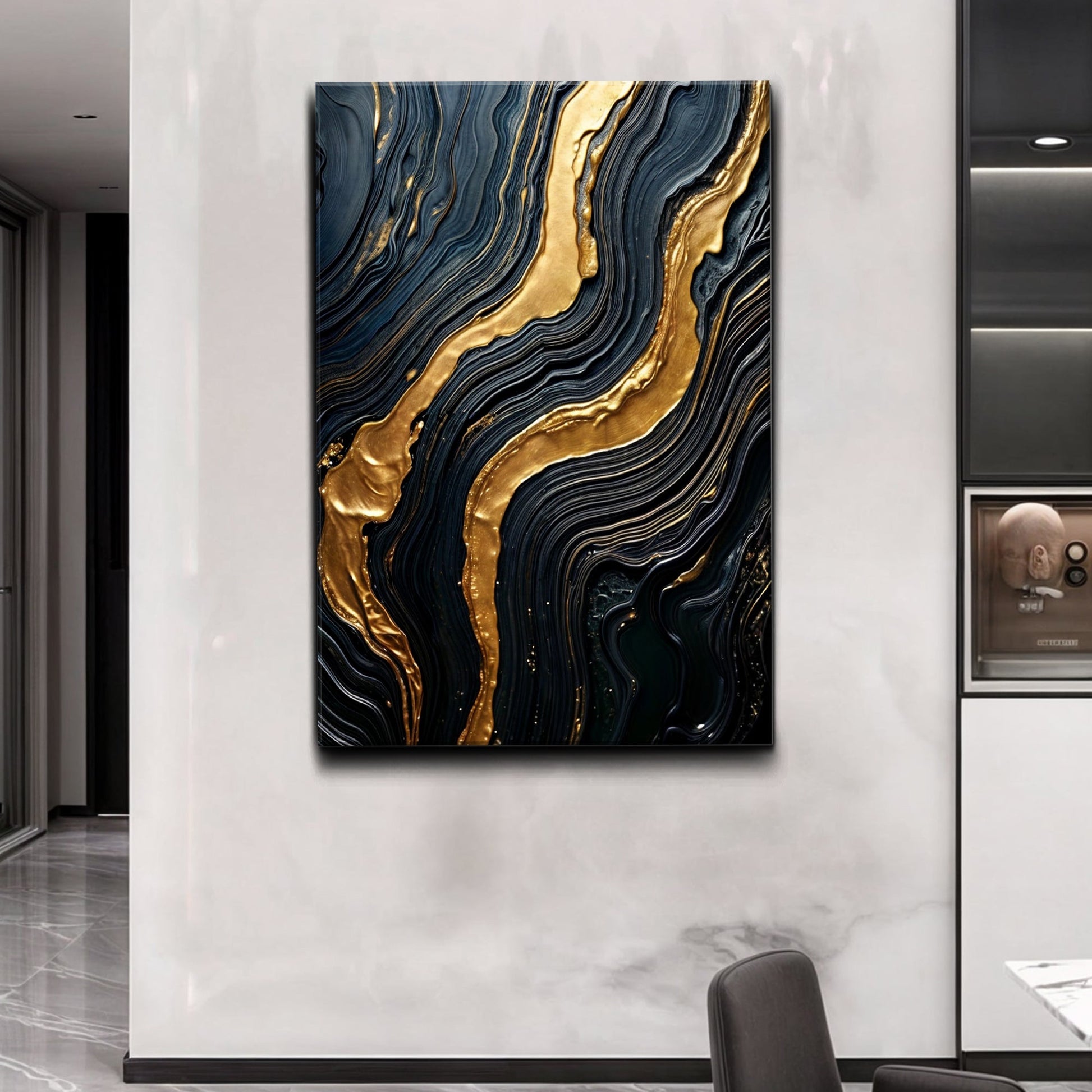 Modern Golden Lave Flow Wall Art canvas by Tailored Canvases; navy and gold lava flow on Tampa Home & Garden Store