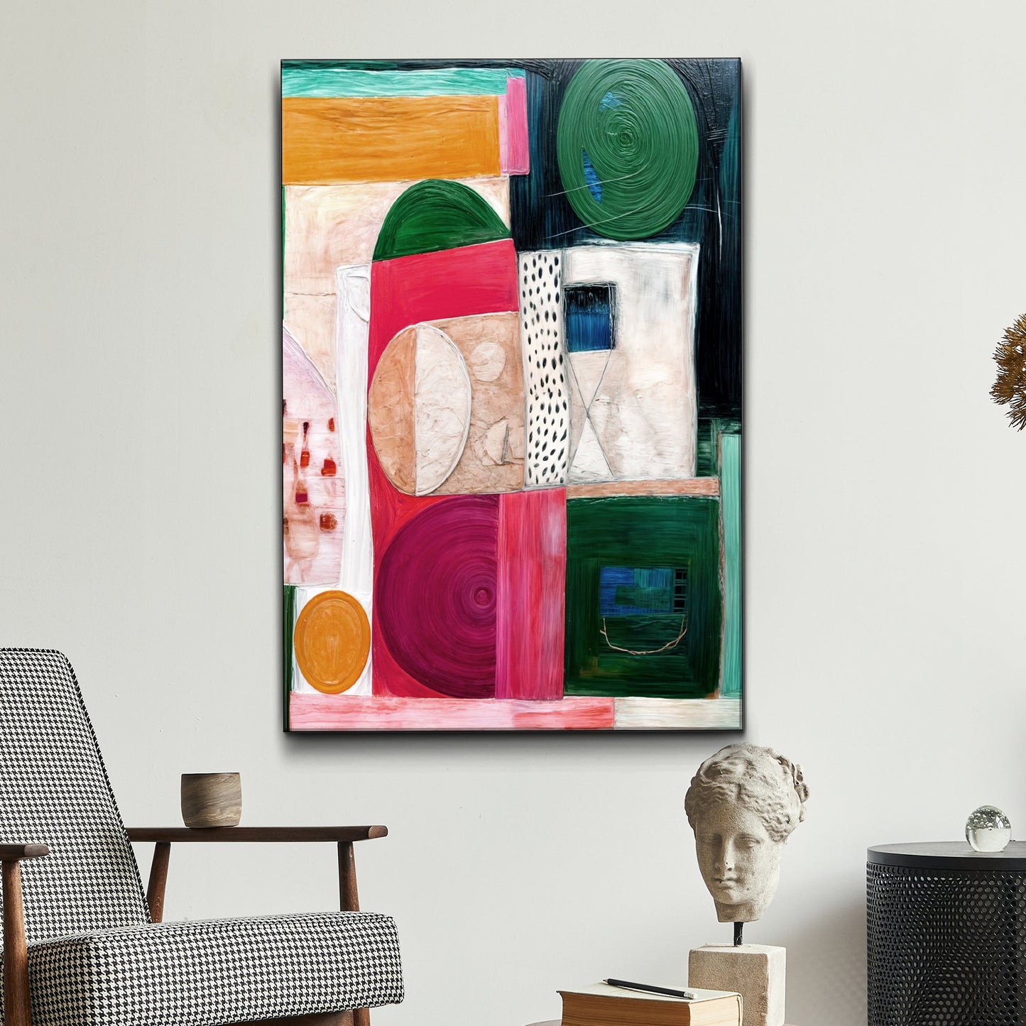 Modern Geometric Patterns Wall Art canvas with bold color blocks and green spiral on Tampa Home & Garden Store