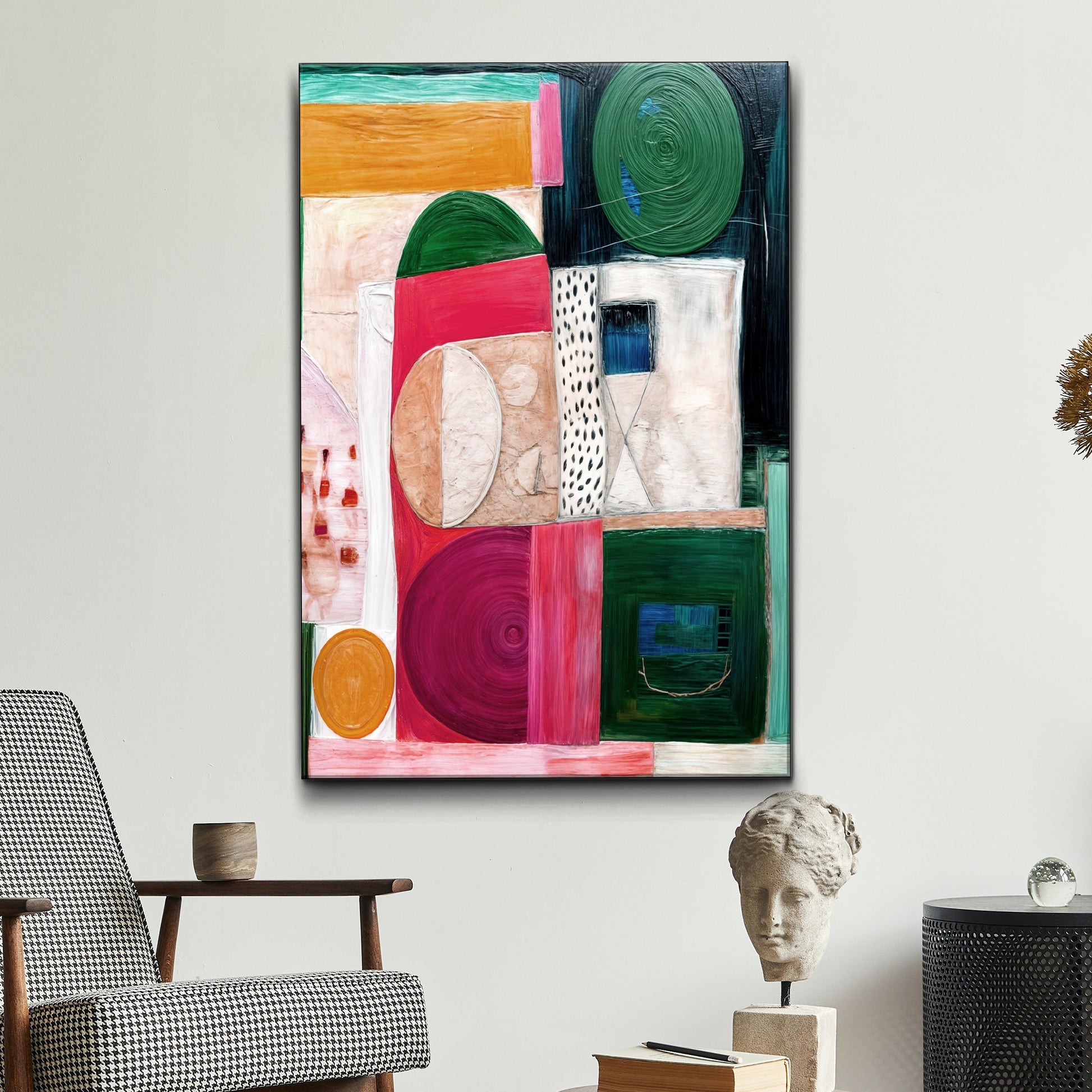 Modern Geometric Patterns Wall Art canvas with bold color blocks and green spiral on Tampa Home & Garden Store