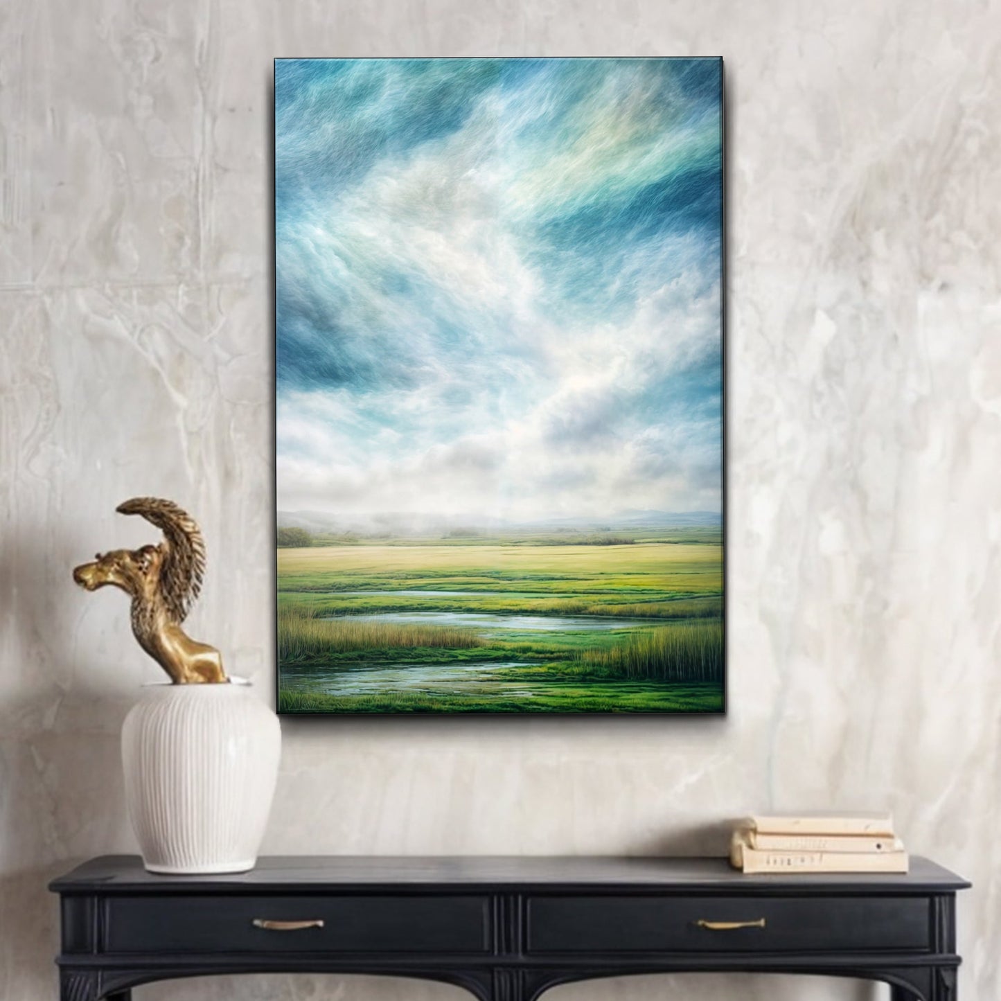 Modern Skyview Nature Canvas by Tailored Canvases; sky and valley landscape in tall frame on Tampa Home & Garden Store