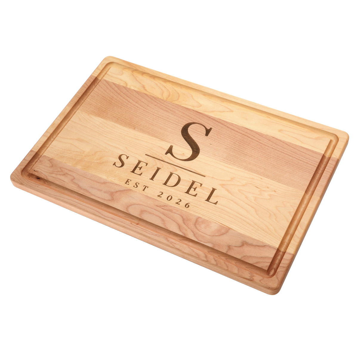 18x12 in classic wooden cutting board with beveled edges and EST 2026 engraving on Tampa Home & Garden Store