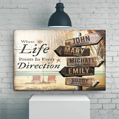 Canvas wall art Where Life Points In Every Direction Beach Family Names Sign with angled arrows on Tampa Home & Garden Store