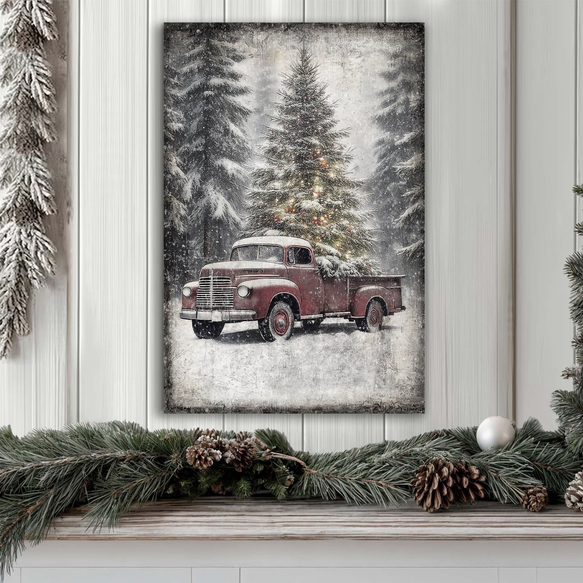 Vintage Truck With Christmas Tree III canvas wall art by Tailored Canvases, red truck in snow on Tampa Home & Garden Store