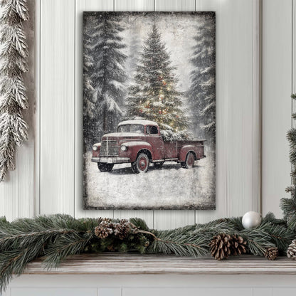 Vintage Truck With Christmas Tree III canvas wall art by Tailored Canvases, red truck in snow on Tampa Home & Garden Store