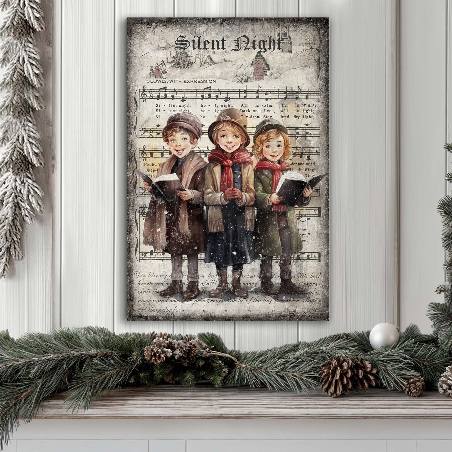 Vintage Christmas Carolers Wall Art III canvas with three carolers over sheet music on Tampa Home & Garden Store