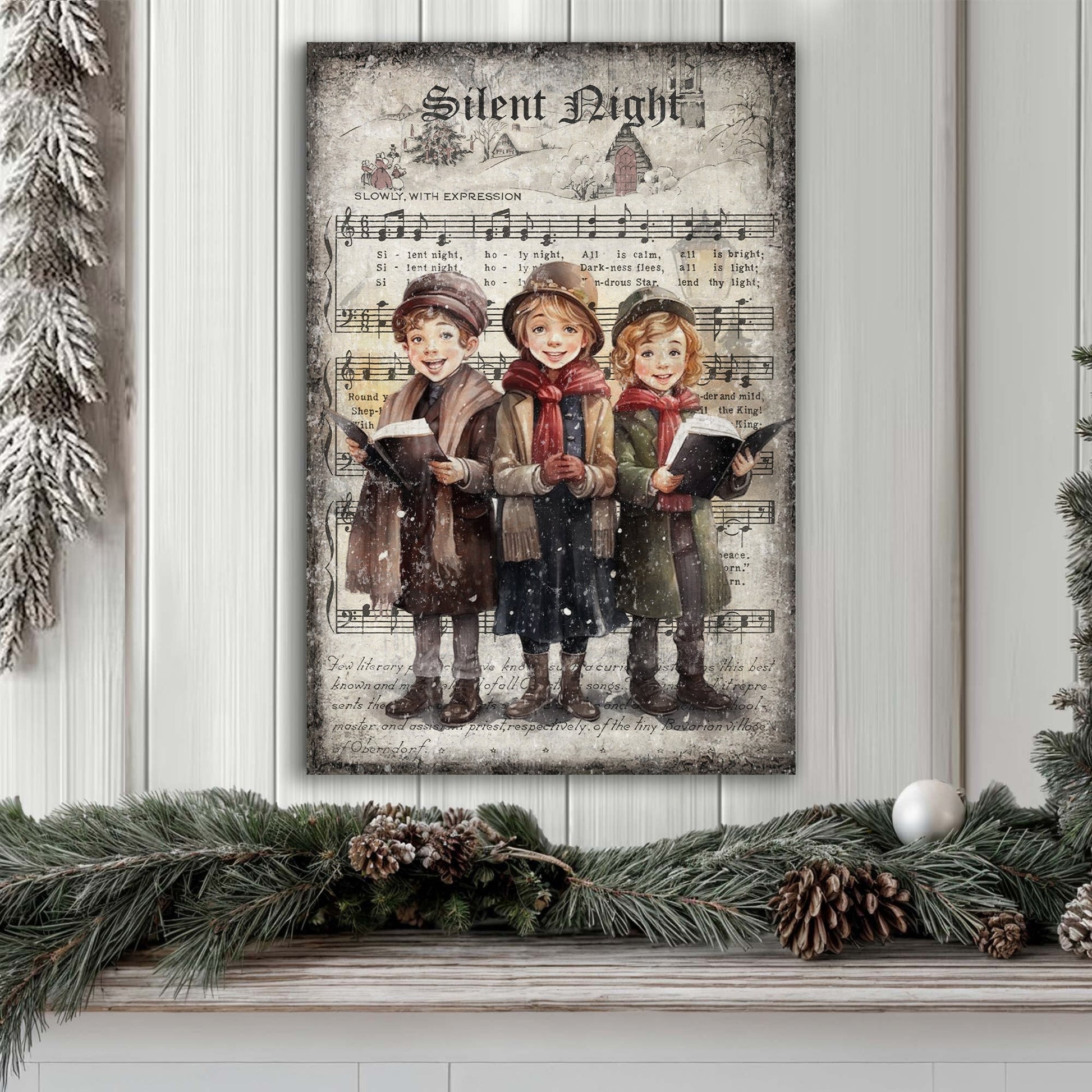 Vintage Christmas Carolers Wall Art III canvas with three carolers over sheet music on Tampa Home & Garden Store