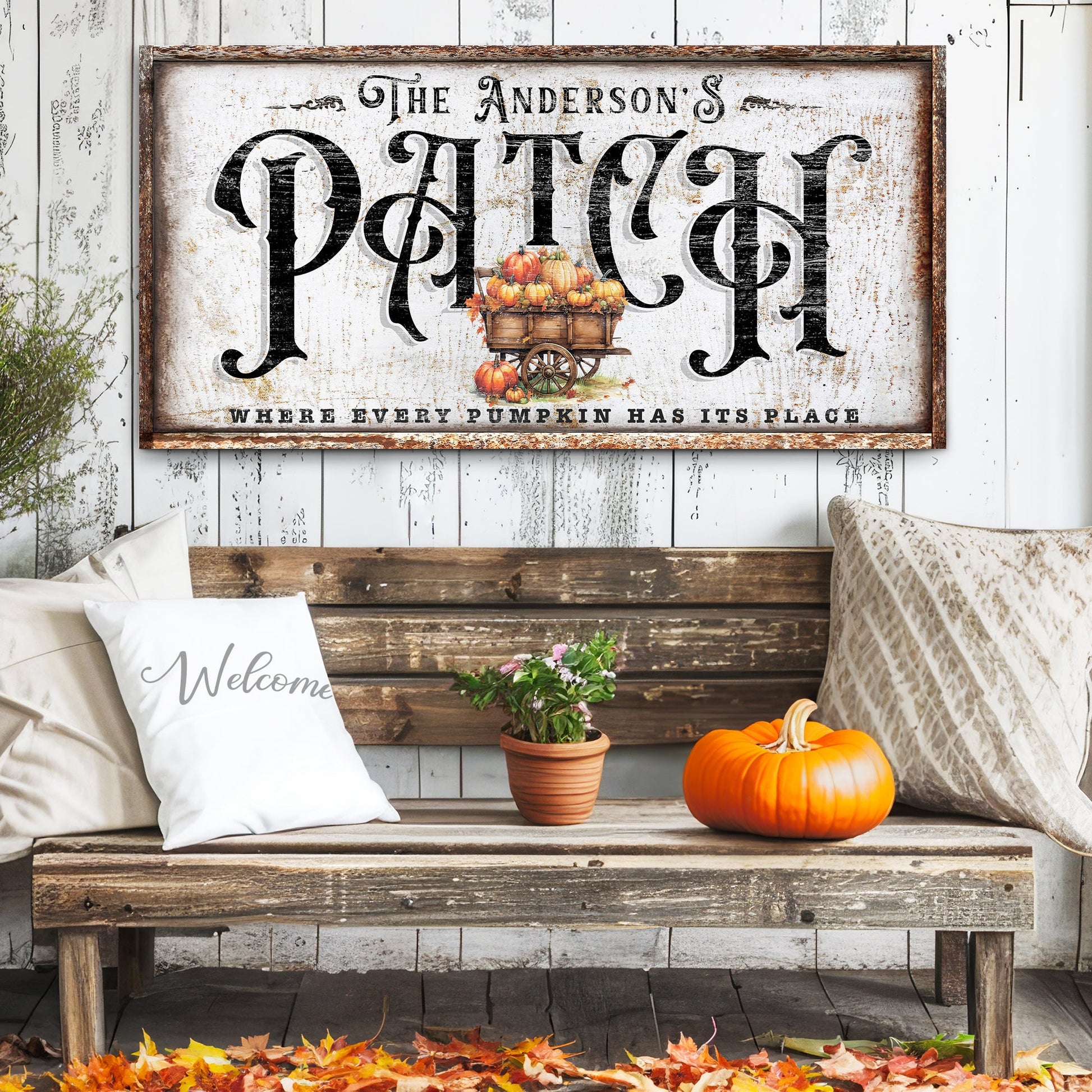 Personalized Pumpkin Patch Sign VIII canvas by Tailored Canvases with rustic frame and pumpkins on Tampa Home & Garden Store