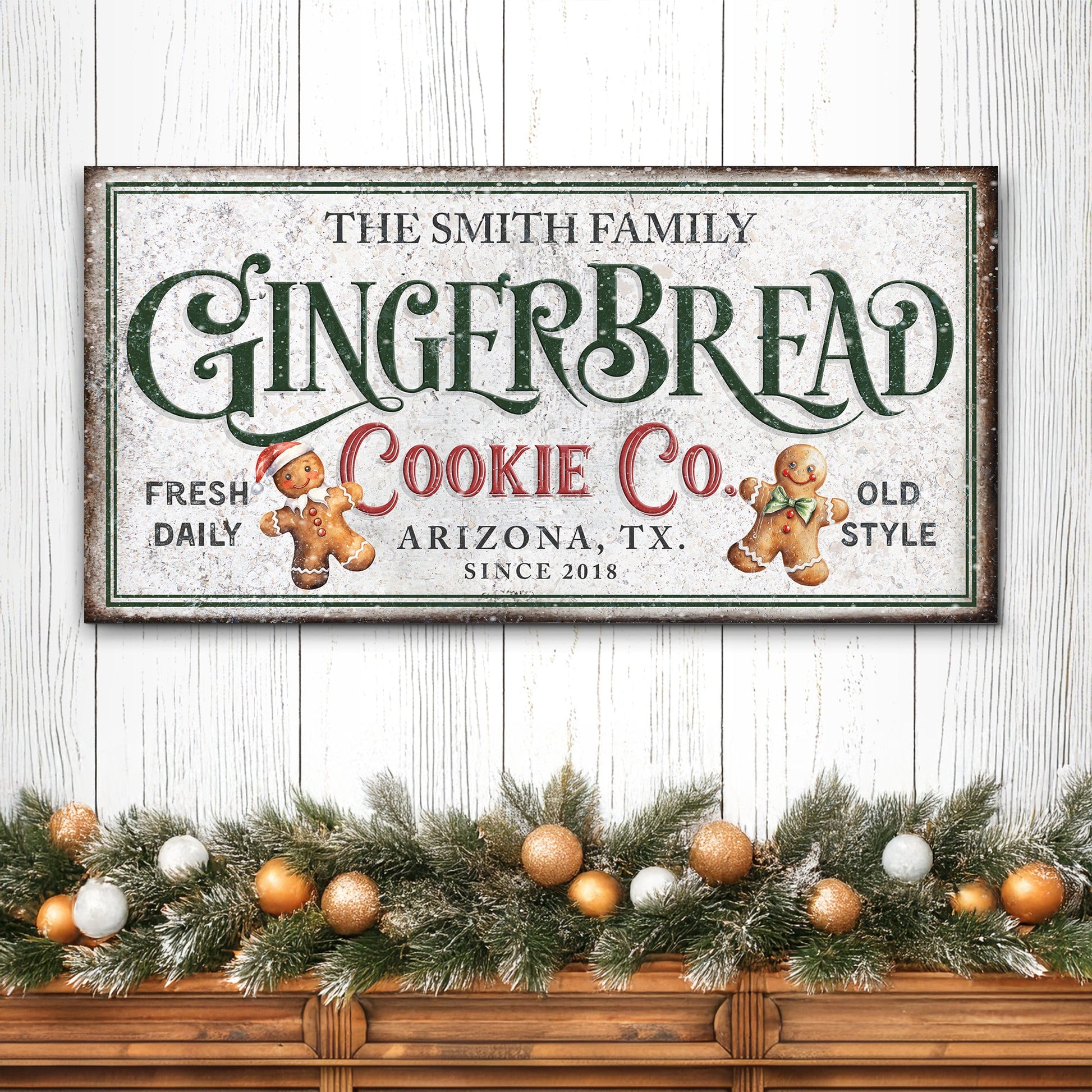 Family Gingerbread Sign canvas with green Gingerbread text and cookies on rustic backdrop on Tampa Home & Garden Store
