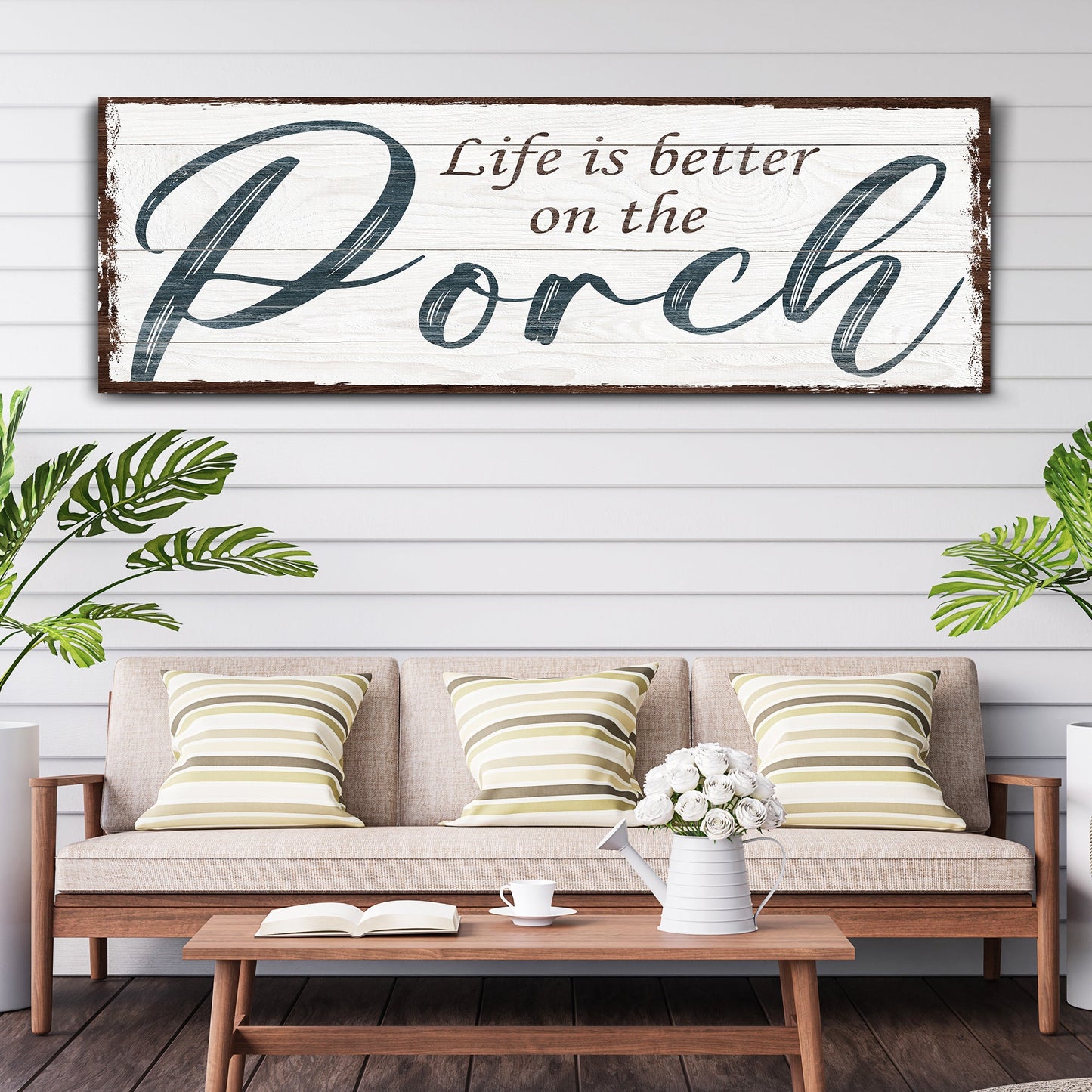 Life Is Better On The Porch Sign II canvas by Tailored Canvases with whitewashed planks on Tampa Home & Garden Store