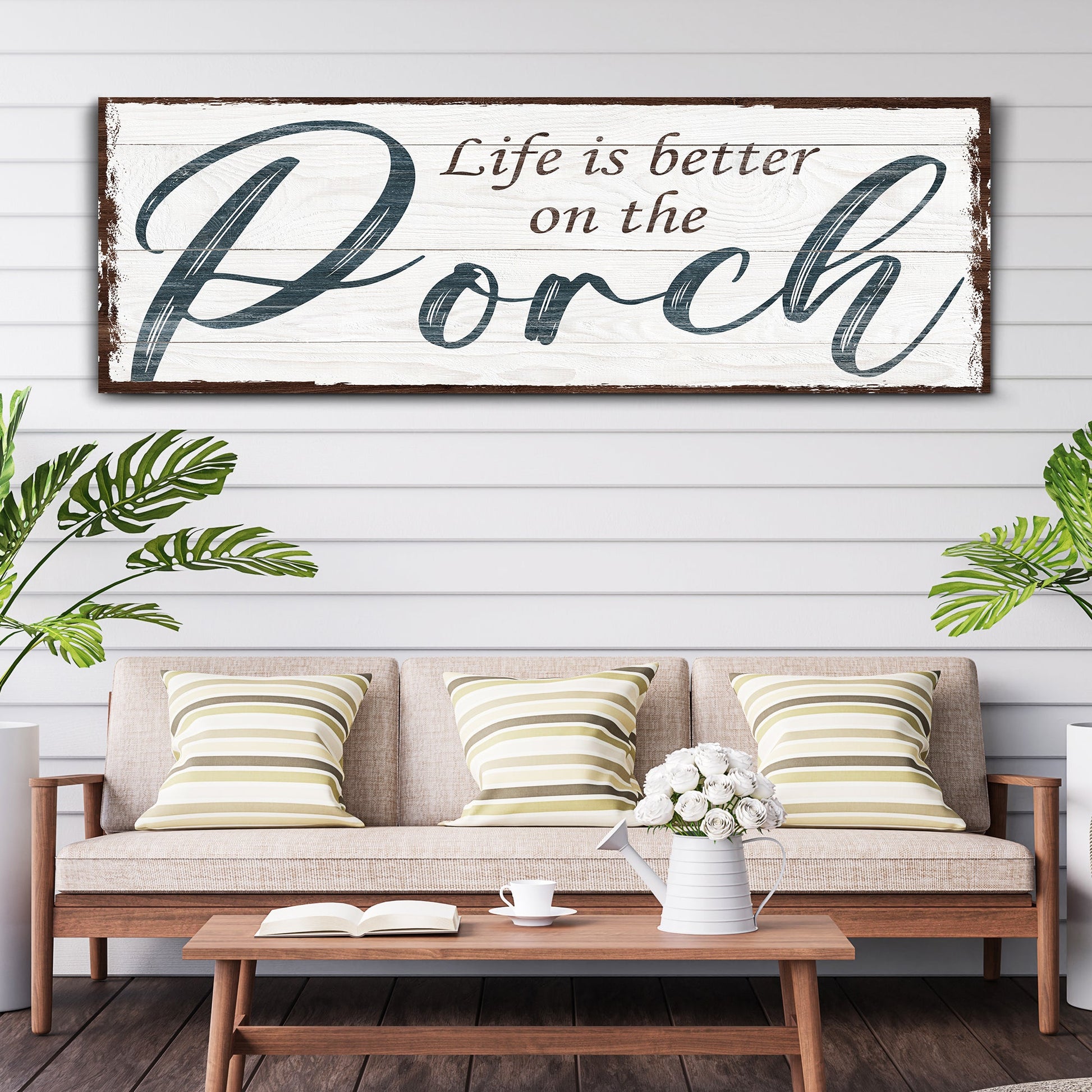 Life Is Better On The Porch Sign II canvas by Tailored Canvases with whitewashed planks on Tampa Home & Garden Store