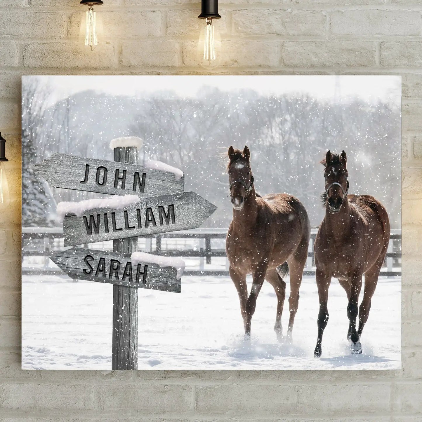 Snow Horses Vintage Name Sign canvas by Tailored Canvases features two horses in a snowy scene on Tampa Home & Garden Store