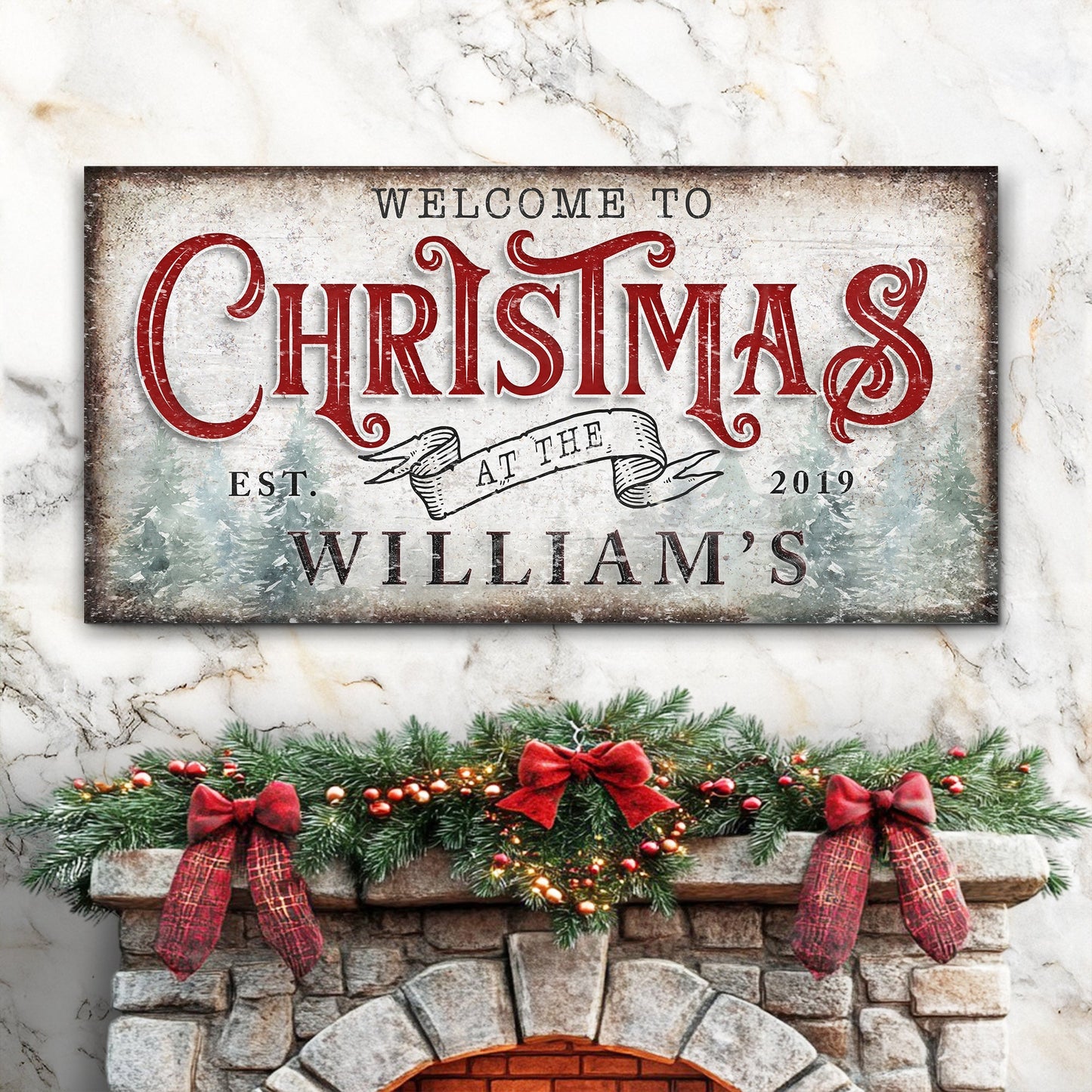 Tailored Canvases canvas crafting sign IV with red CHRISTMAS script above fireplace garland on Tampa Home & Garden Store