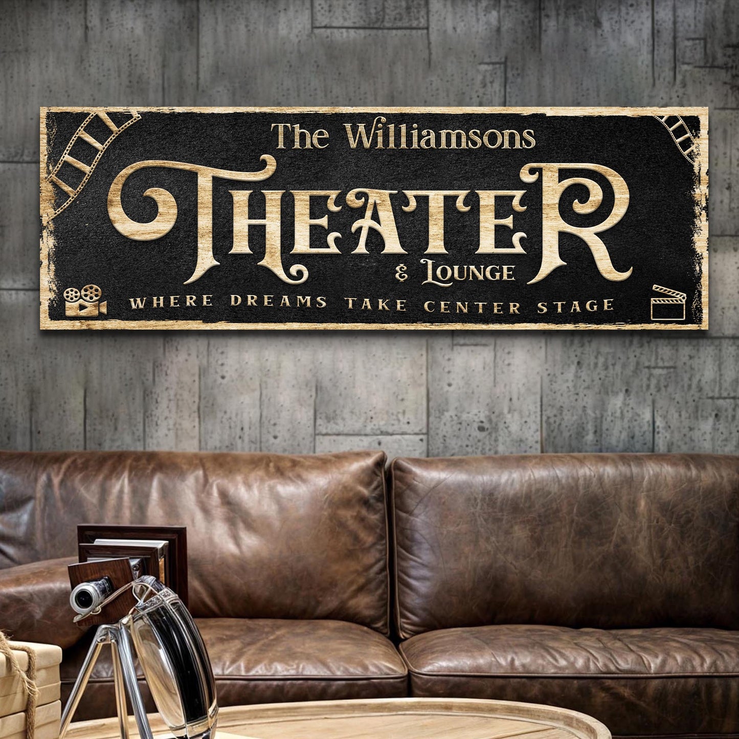 Theater Sign VI canvas by Tailored Canvases with black chalkboard and gold letters wood-framed on Tampa Home & Garden Store