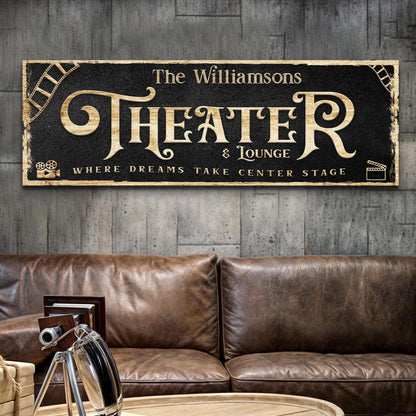 Theater Sign VI canvas by Tailored Canvases with black chalkboard and gold letters wood-framed on Tampa Home & Garden Store