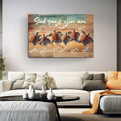 Canvas faith sign God Says You Are with turtle on wood plank backdrop by Tailored Canvases on Tampa Home & Garden Store