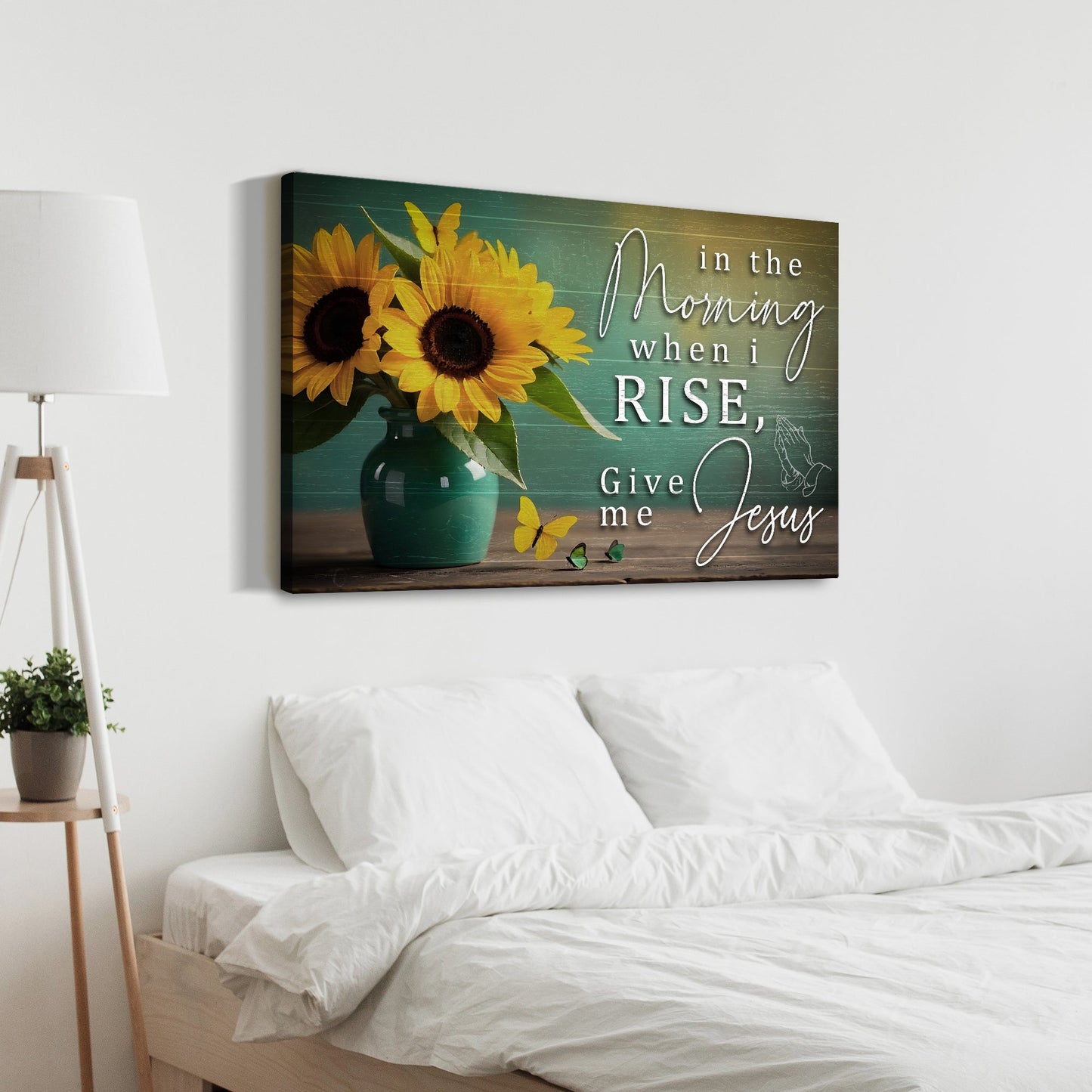 Tailored Canvases canvas In The Morning Faith Sign II with sunflowers in teal vase on Tampa Home & Garden Store