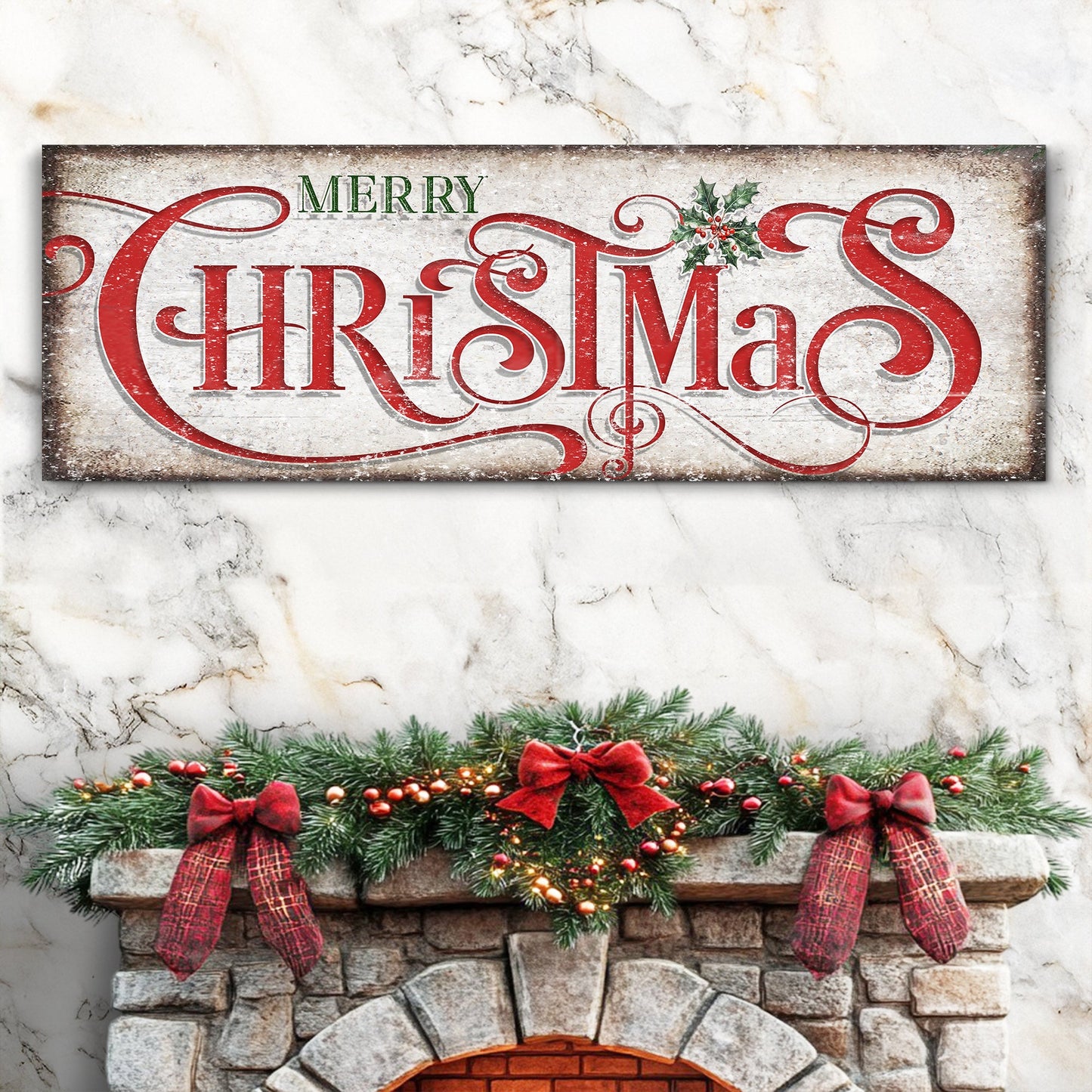 Vintage Merry Christmas Sign canvas crafting decor with red ornate letters and holly on Tampa Home & Garden Store