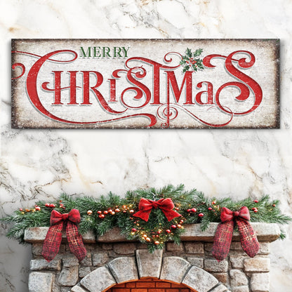 Vintage Merry Christmas Sign canvas crafting decor with red ornate letters and holly on Tampa Home & Garden Store