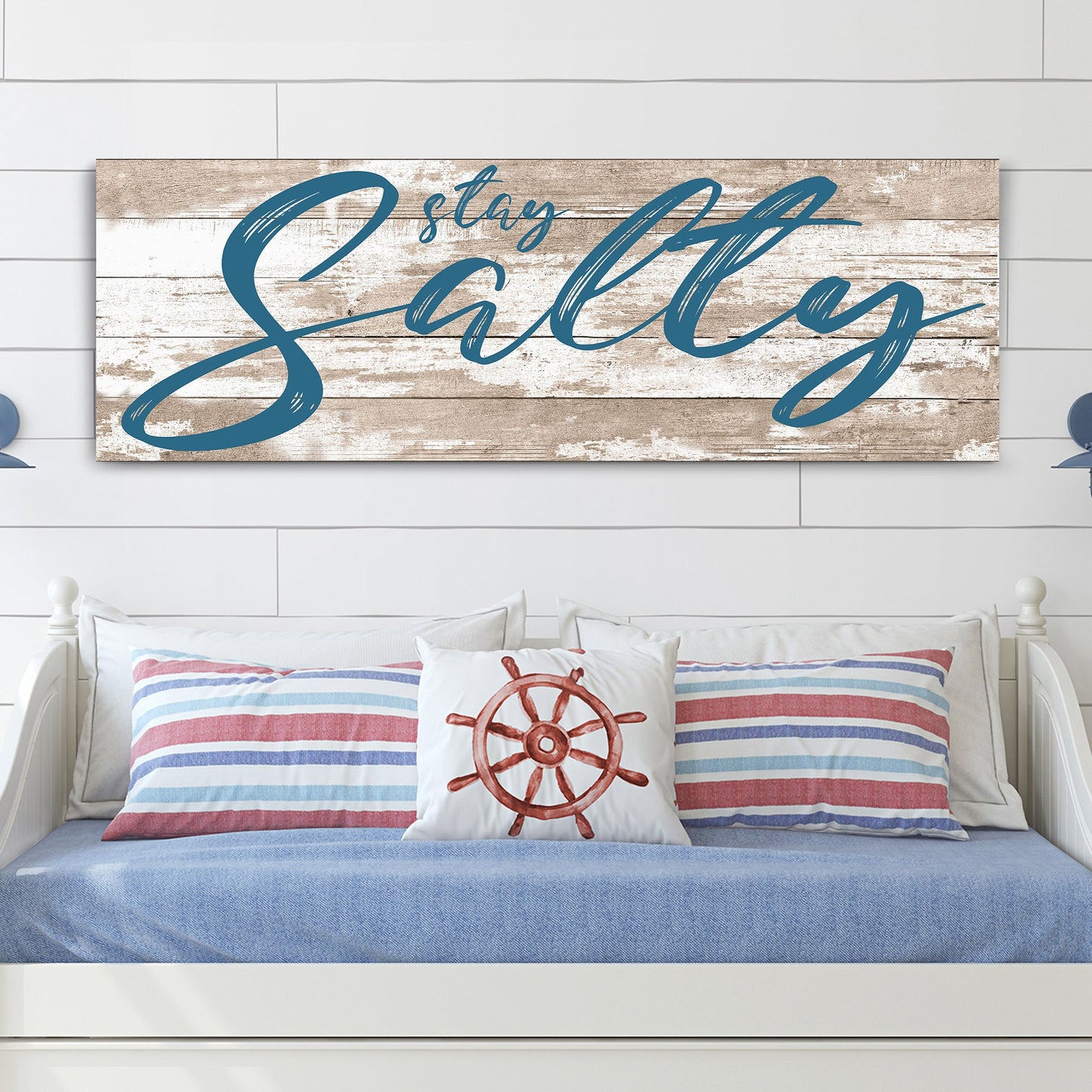 Stay Salty Coastal Sign II canvas wall art with rustic wood planks and blue script on Tampa Home & Garden Store