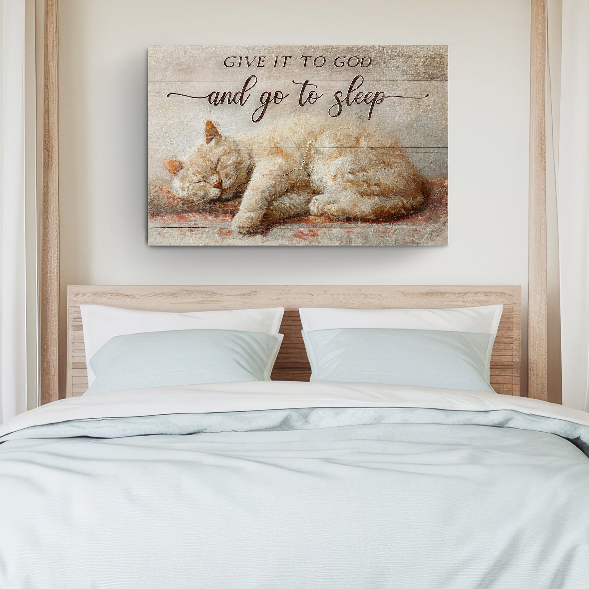 Give It To God And Go To Sleep canvas faith sign XI with sleeping kittens on wood on Tampa Home & Garden Store