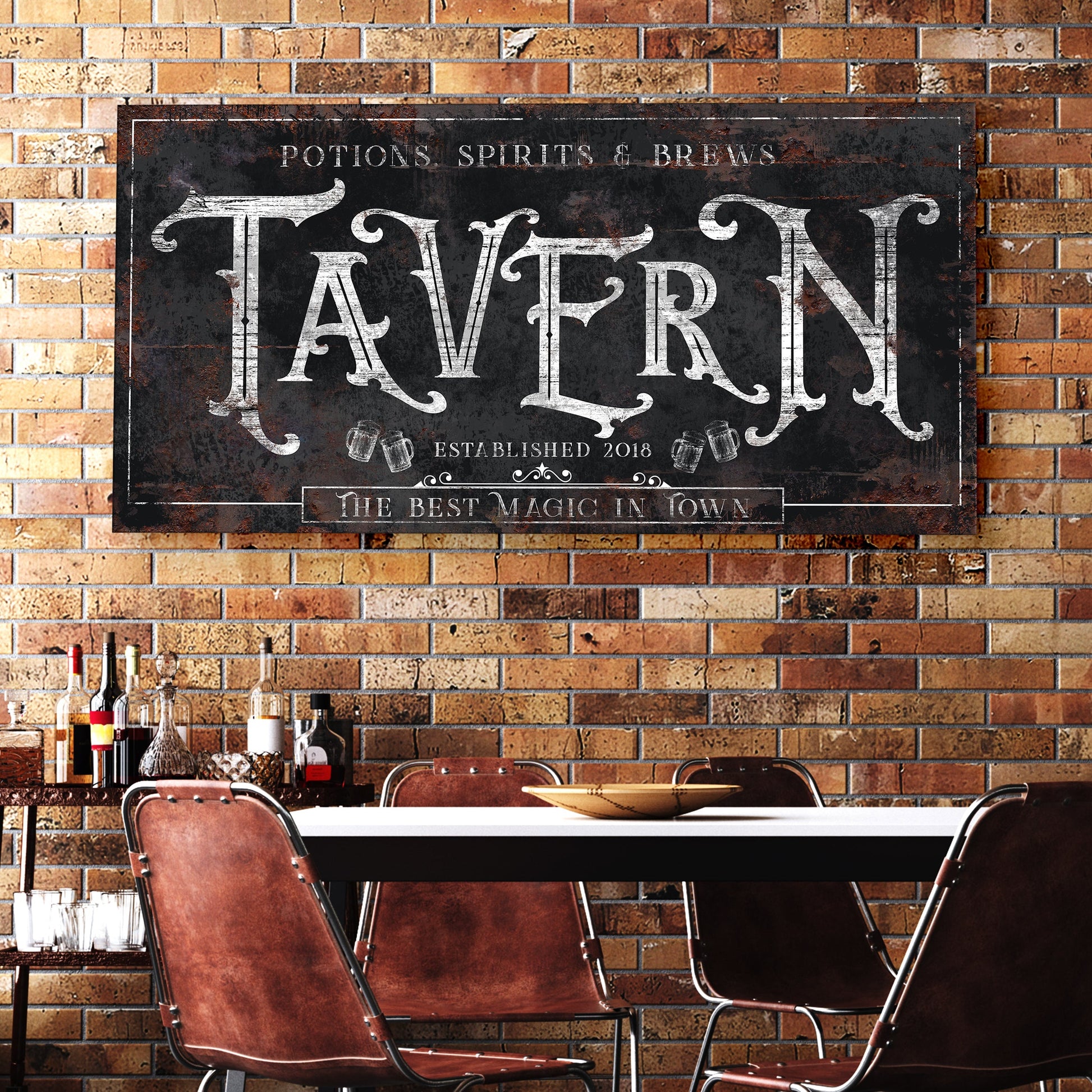 Canvas sign Tailored Canvases Potions, Spirits & Brews Tavern II distressed black with typography on Tampa Home & Garden Store