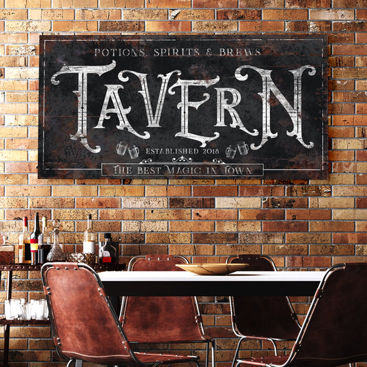 Canvas sign Tailored Canvases Potions, Spirits & Brews Tavern II distressed black with typography on Tampa Home & Garden Store