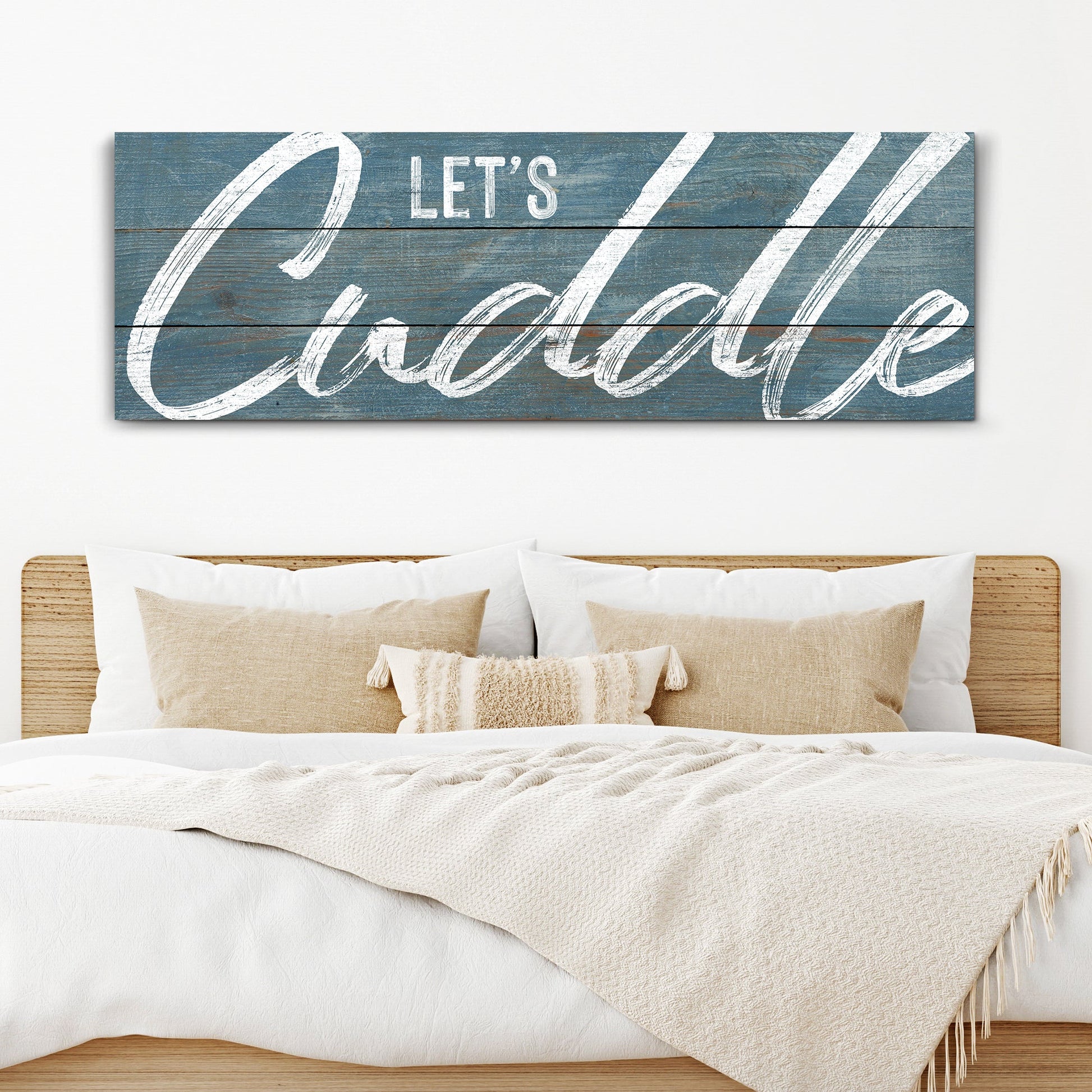 Let's Cuddle Sign canvas crafting artwork in blue distressed wood texture Tailored Canvases on Tampa Home & Garden Store