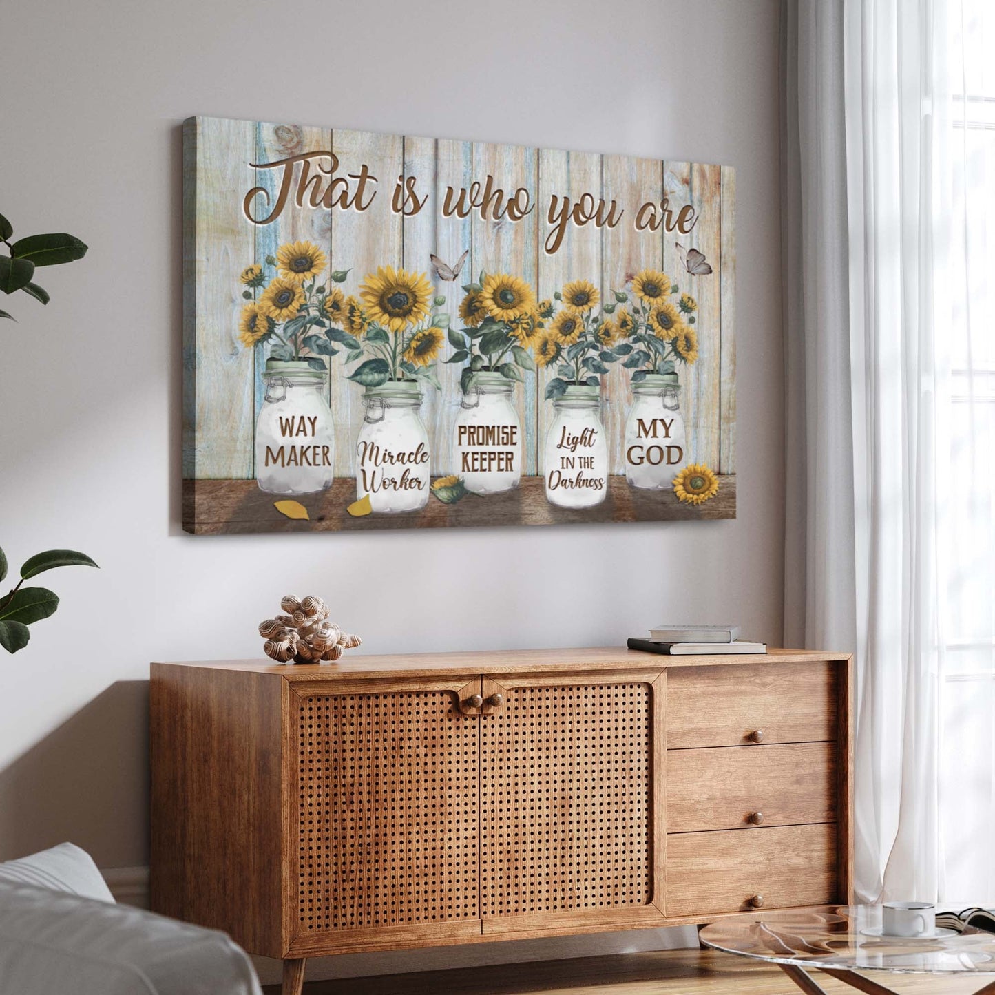 That Is Who You Are canvas wall art with sunflowers in mason jars on distressed blue wood on Tampa Home & Garden Store