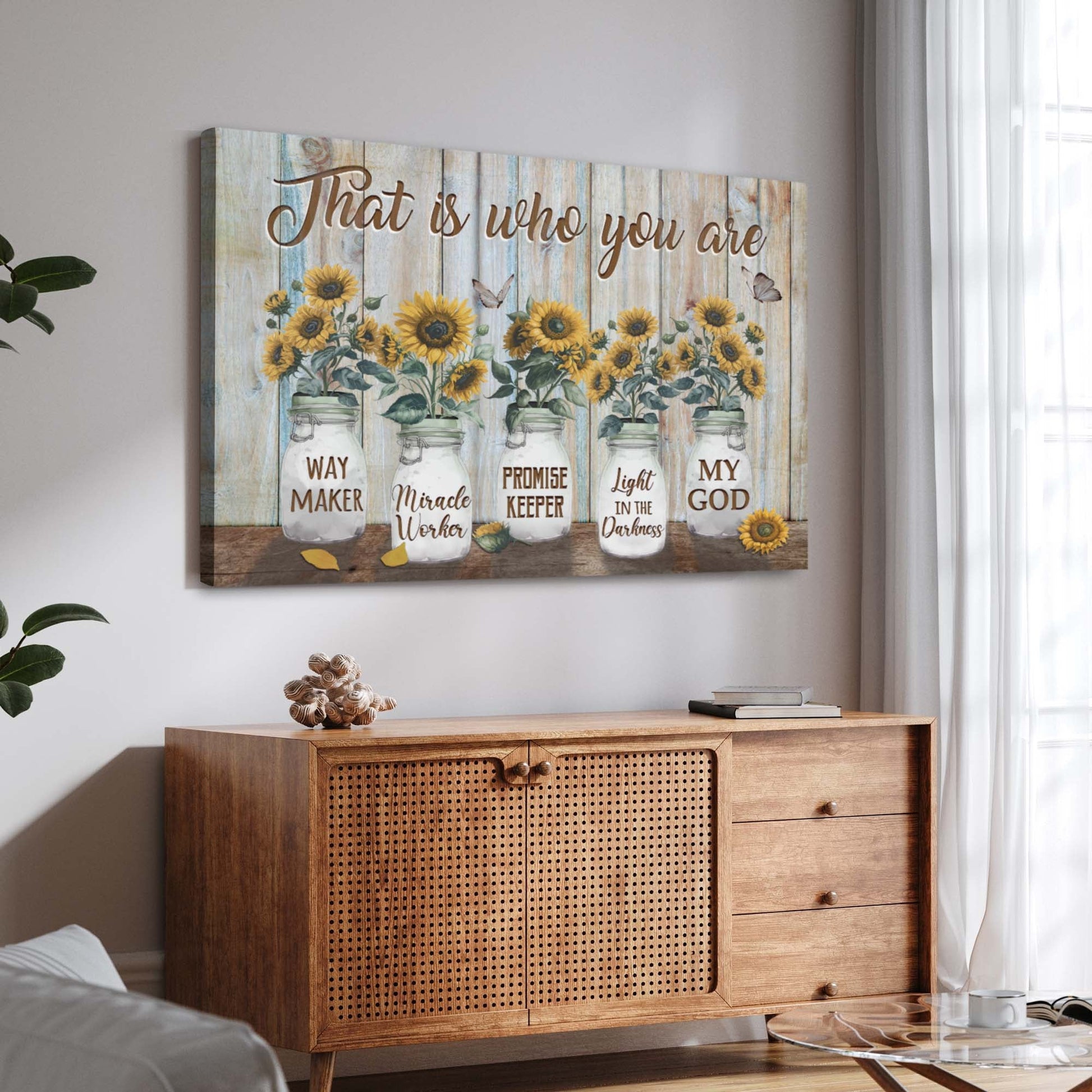 That Is Who You Are canvas wall art with sunflowers in mason jars on distressed blue wood on Tampa Home & Garden Store