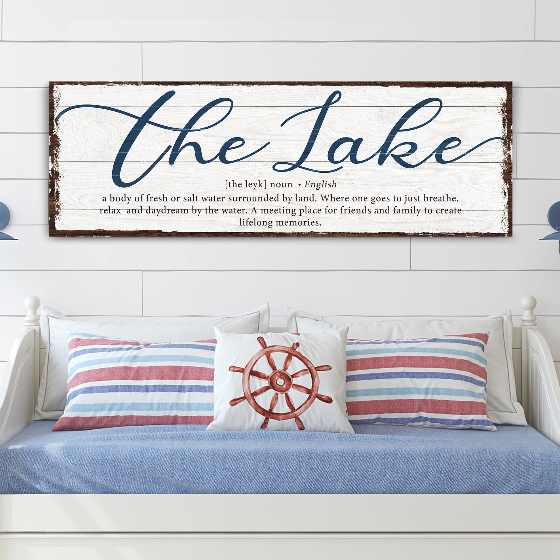 Canvas sign The Definition Of Lake with whitewashed wood, blue script Lake, brown frame on Tampa Home & Garden Store
