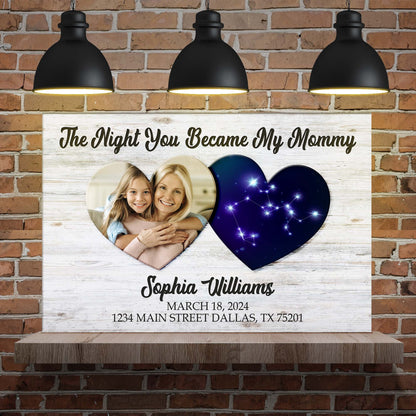 Mother's Day Sign The Night You Became My Mommy canvas sign with white wood and heart balloons on Tampa Home & Garden Store