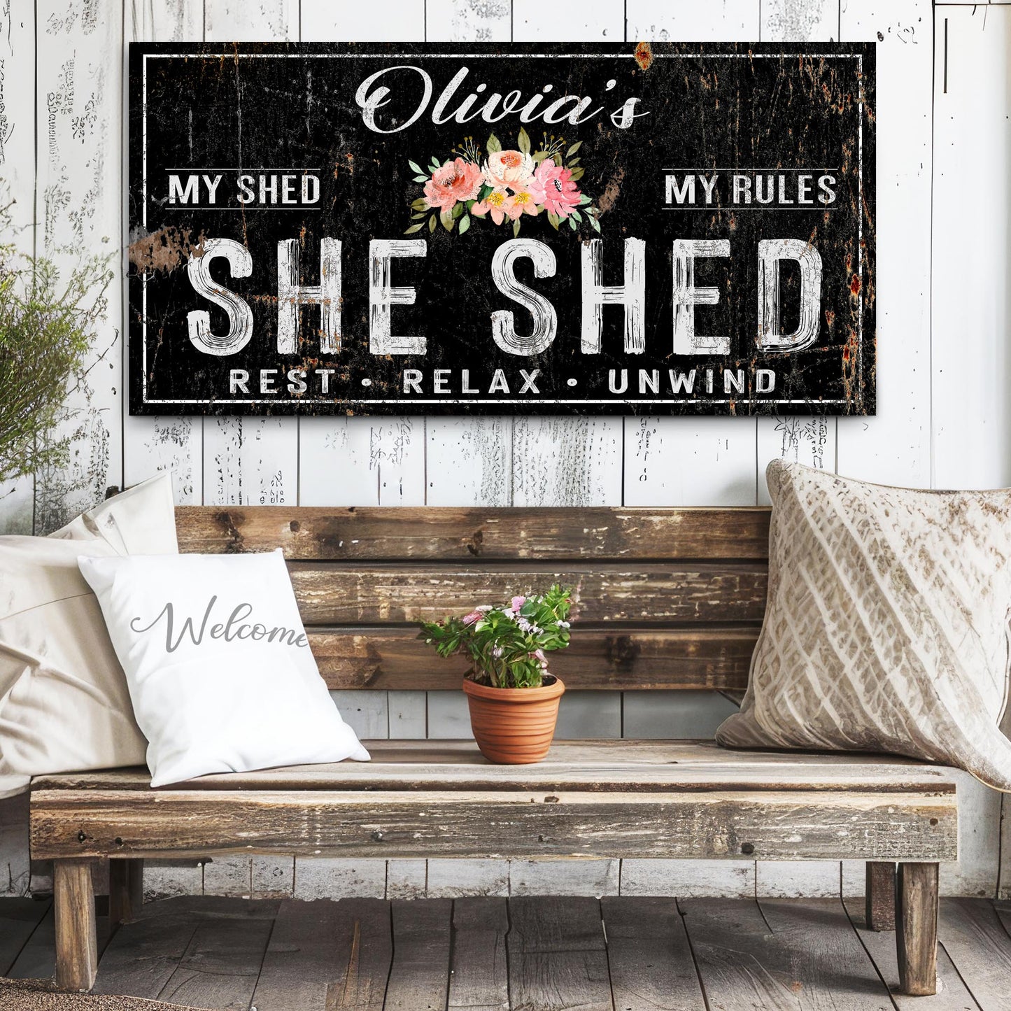 Personalized She Shed Sign IX canvas with floral bouquet on distressed black rustic plaque on Tampa Home & Garden Store