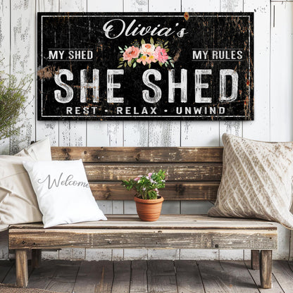 Personalized She Shed Sign IX canvas with floral bouquet on distressed black rustic plaque on Tampa Home & Garden Store