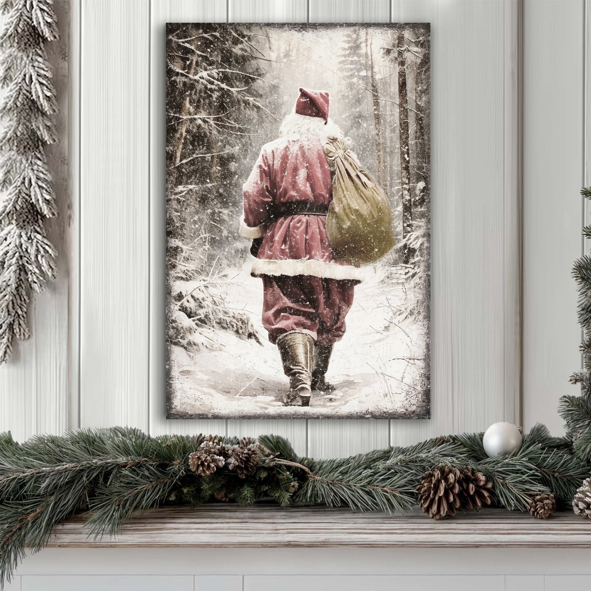 Canvas wall art Vintage Santa Claus in Winter Woods III Tailored Canvases Santa in red with sack on Tampa Home & Garden Store