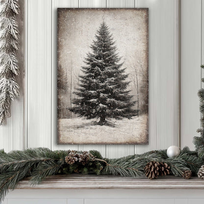 Vintage Christmas Tree Wall Art III canvas by Tailored Canvases with snow-dusted evergreen on Tampa Home & Garden Store