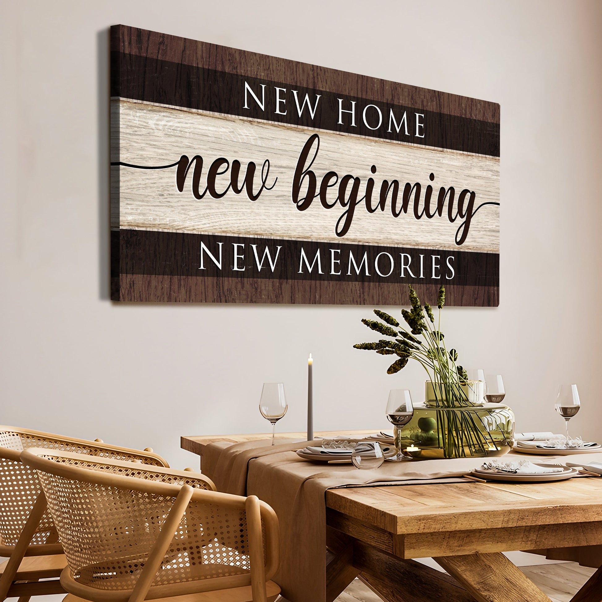 New Home New Beginning New Memories Sign III canvas wall art with rustic wood panel design on Tampa Home & Garden Store